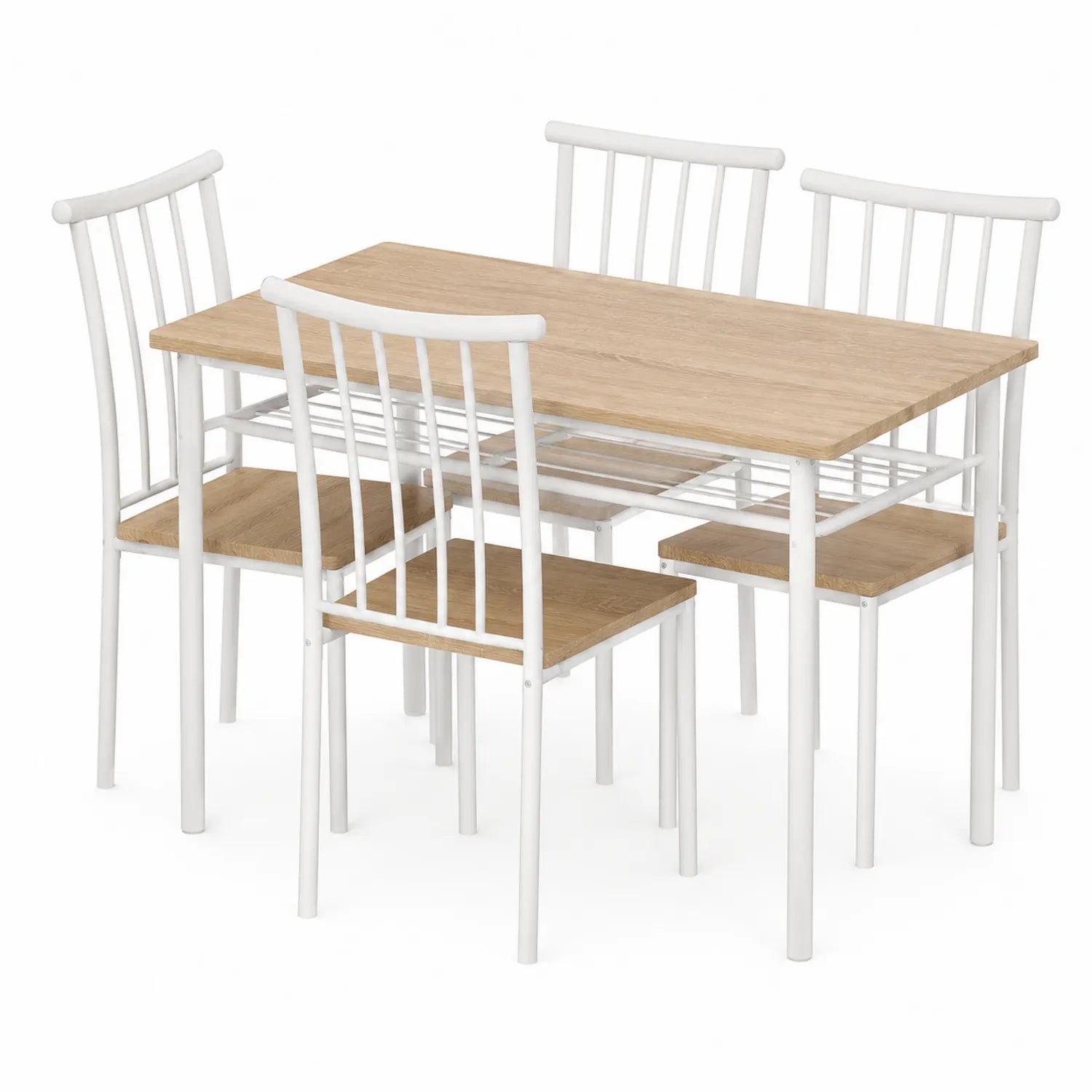 Set tavolo da pranzo rettangolare in legno e sedie in metallo bianco