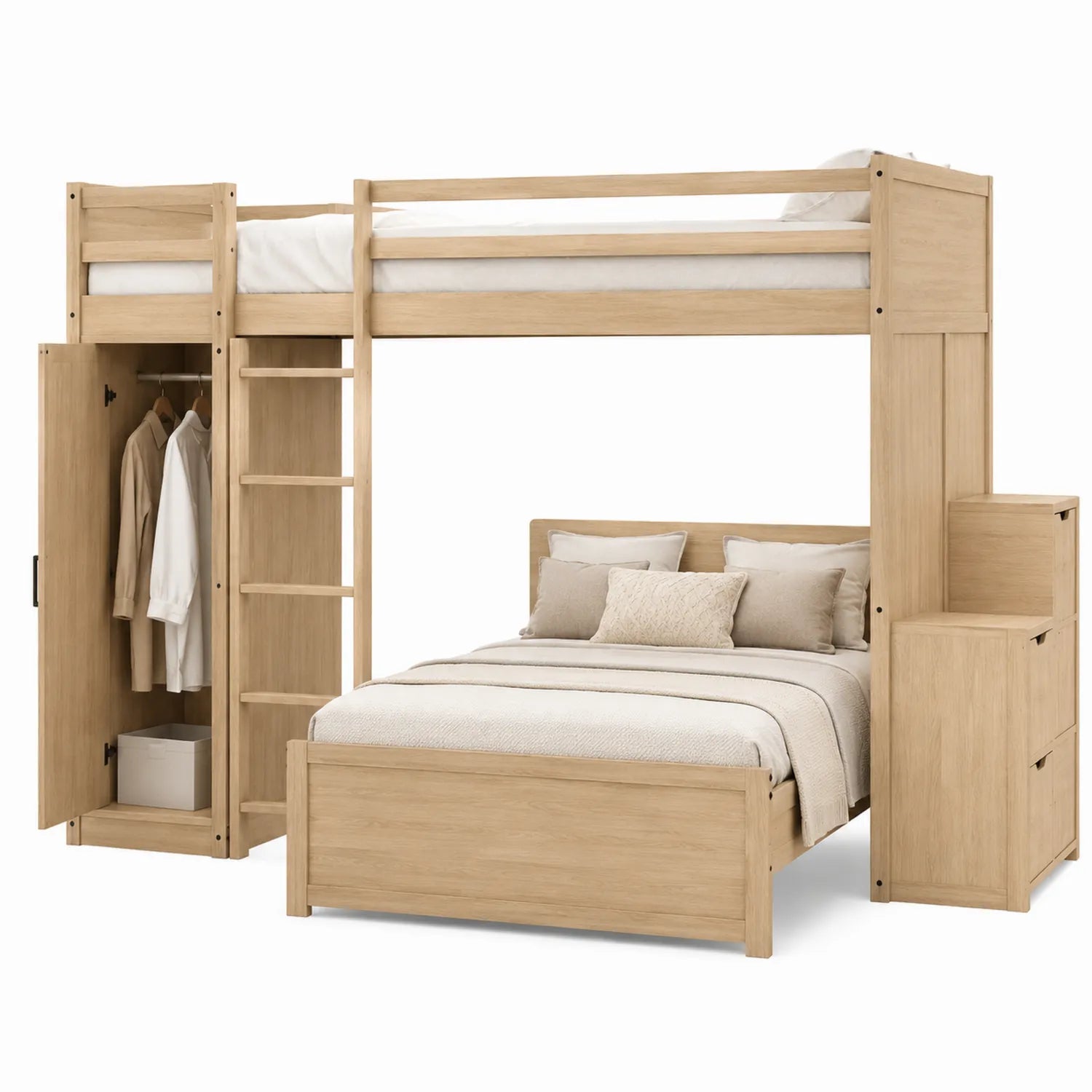 Letto a Castello in Legno con Armadio e Scala