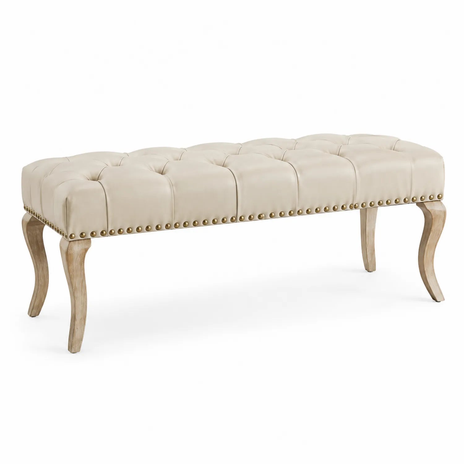 Panca imbottita in legno e pelle sintetica beige