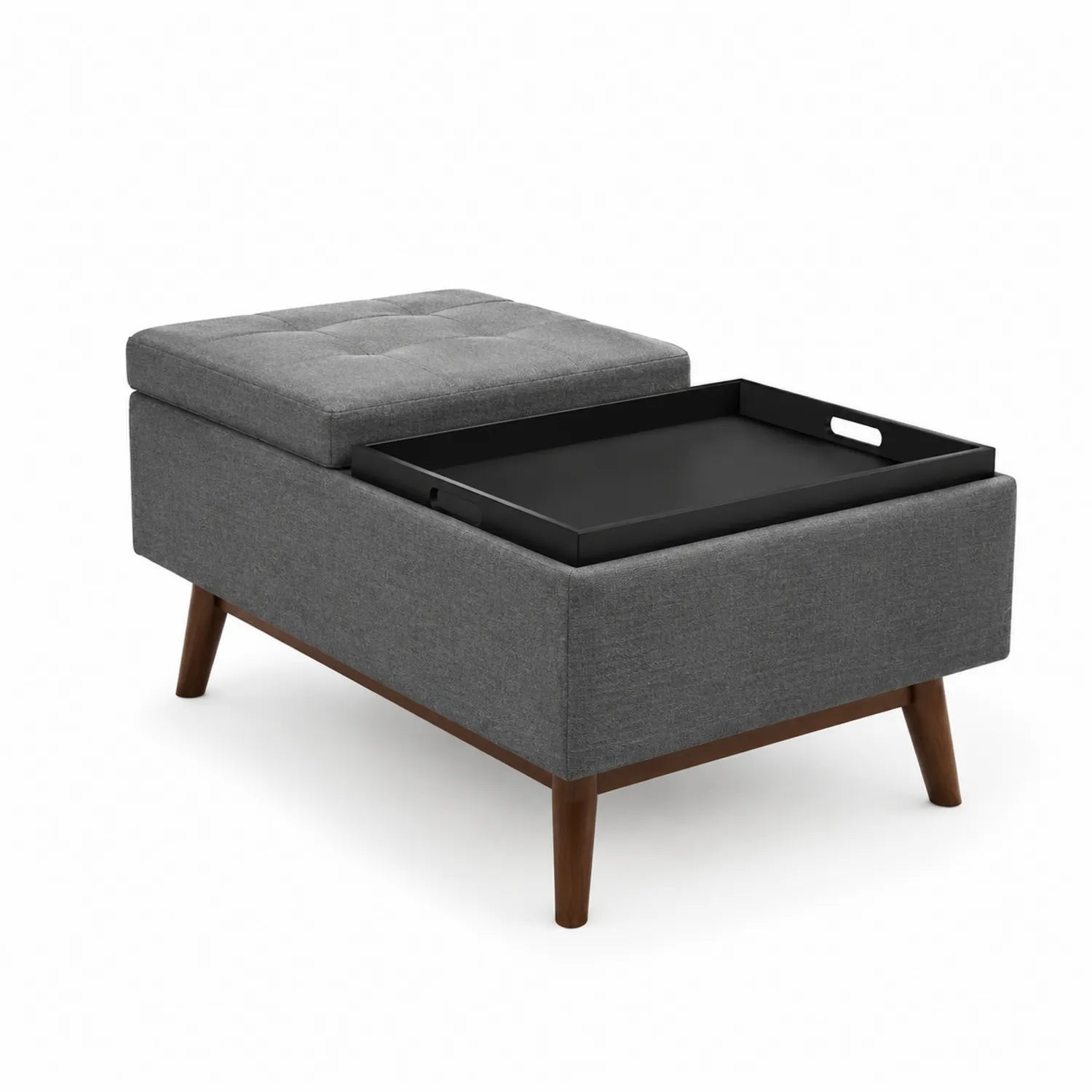Panca contenitore in tessuto grigio con vassoio estraibile e gambe in legno