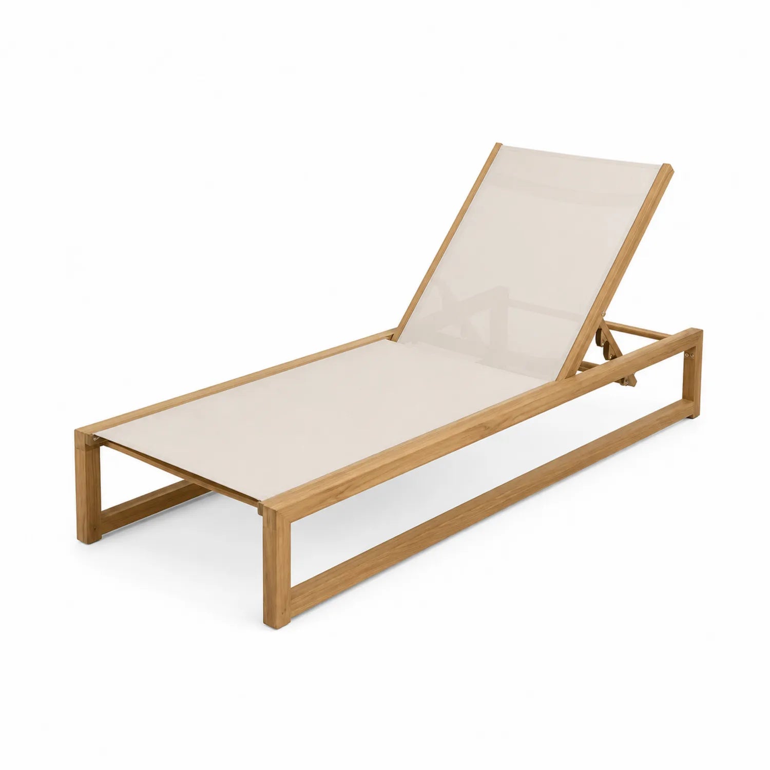 Lettino prendisole in teak e tessuto beige regolabile 200x70x35 cm