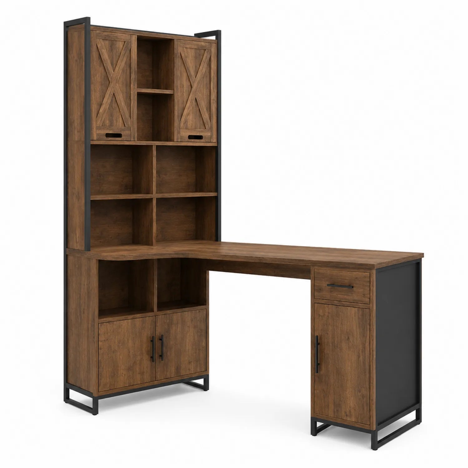 Scrivania Angolare in Legno con Scaffale e Cassetti Marrone Nero